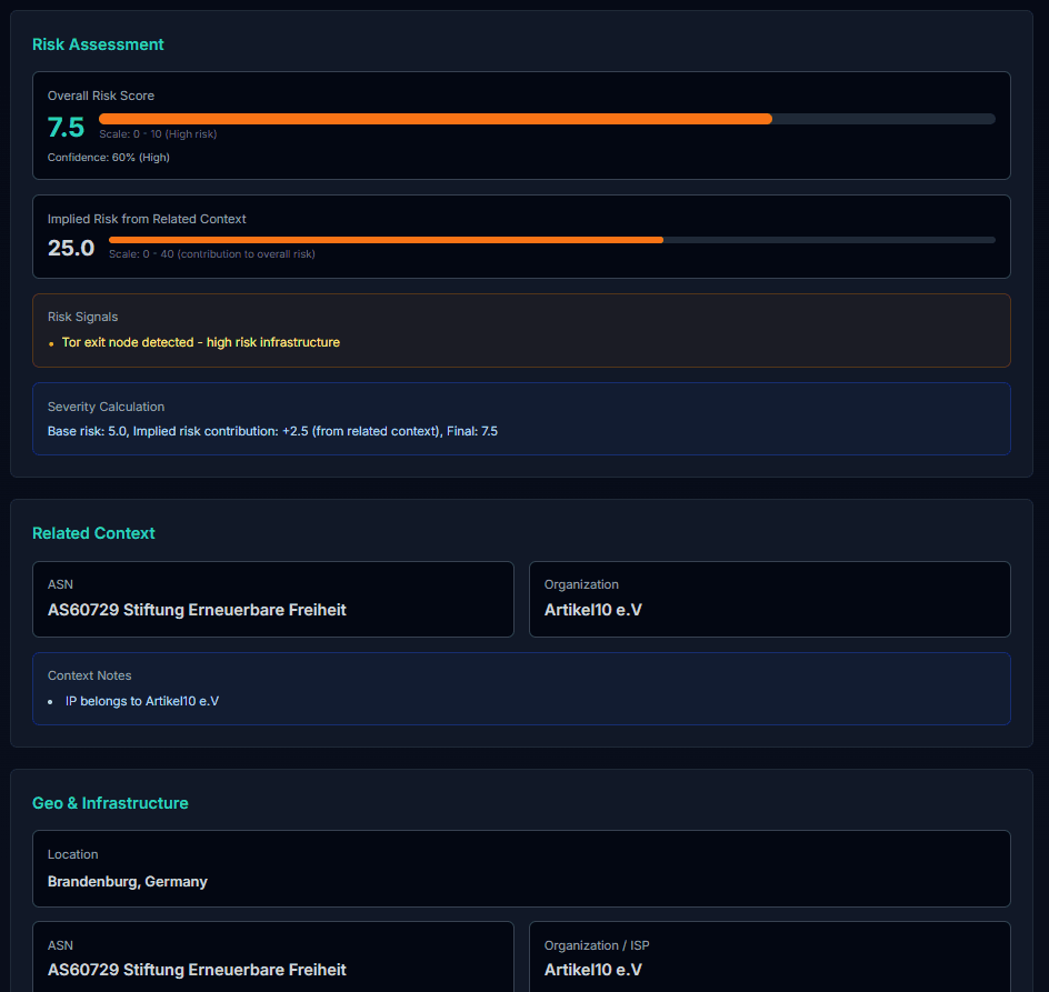 Risk assessment UI showing overall risk score and confidence